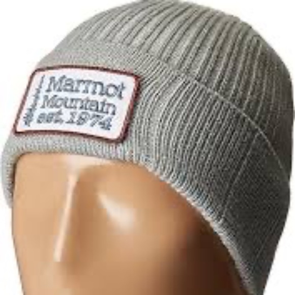 Marmot Mountain Knit Beanie Hat Gray Cuffed Logo Patch Winter Outdoor - Picture 1 of 6